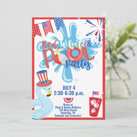 Zomdag Pool Partij op 4 juli Rood Blauw Kaart (Staand voorkant)