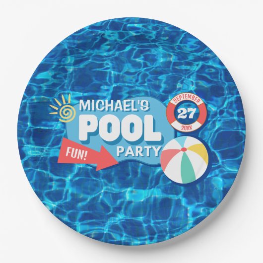 Zomenzwembad Tropisch Birthday Blue Papieren Bordje (Voorkant)
