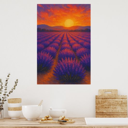 Zomer 3, zonsondergang over lavendel, seizoensgebo poster (Keuken)
