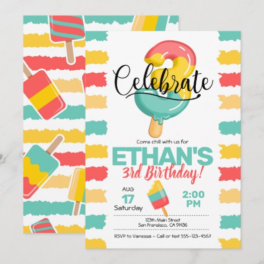 Zomer 3e verjaardag Uitnodiging met populatie (Voorkant / Achterkant)