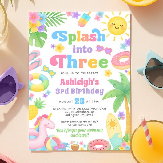 Zomer 3e verjaardag uitnodiging - Splash in drie