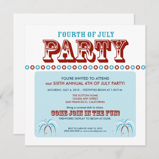 Zomer 4e juli Partij/Uitnodiging Kaart (Voorkant / Achterkant)