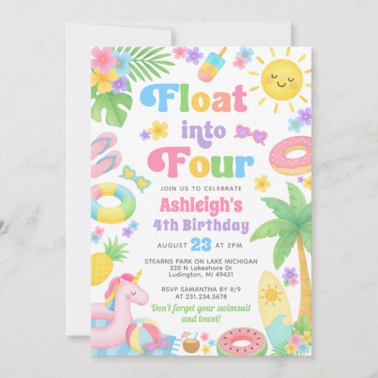 Zomer 4e verjaardag uitnodiging - Float in Four (Voorkant)