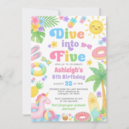 Zomer 5e verjaardag uitnodiging - Duik in vijf (Voorkant)