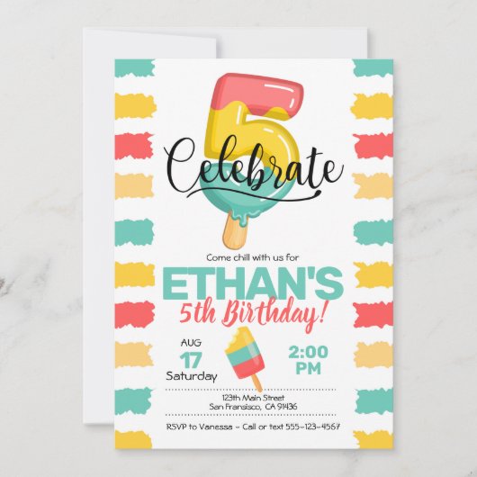 Zomer 5e verjaardag Uitnodiging met Popsikel (Voorkant)