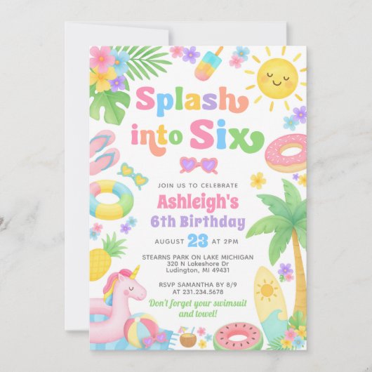 Zomer 6e verjaardag uitnodiging - Splash in Six (Voorkant)