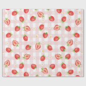 Zomer Aardbei Daisy Bloemen Roze Gingham Party Cadeaupapier (Vlak)