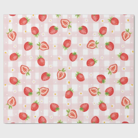 Zomer Aardbei Daisy Bloemen Roze Gingham Party Cadeaupapier (Vlak)