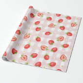 Zomer Aardbei Daisy Bloemen Roze Gingham Party Cadeaupapier (Uitgerold)