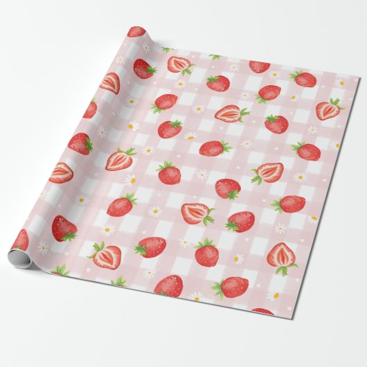 Zomer Aardbei Daisy Bloemen Roze Gingham Party Cadeaupapier (Uitgerold)