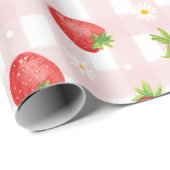 Zomer Aardbei Daisy Bloemen Roze Gingham Party Cadeaupapier (Rol Hoek)