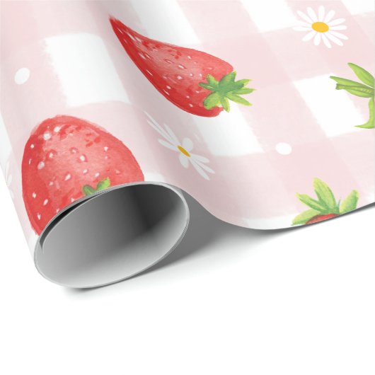 Zomer Aardbei Daisy Bloemen Roze Gingham Party Cadeaupapier (Rol Hoek)