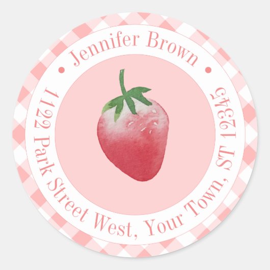 Zomer Aardbei roze en wit retouradres Ronde Sticker (Voorkant)
