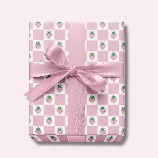 Zomer Aardbei Roze Schachbrett Cadeaupapier