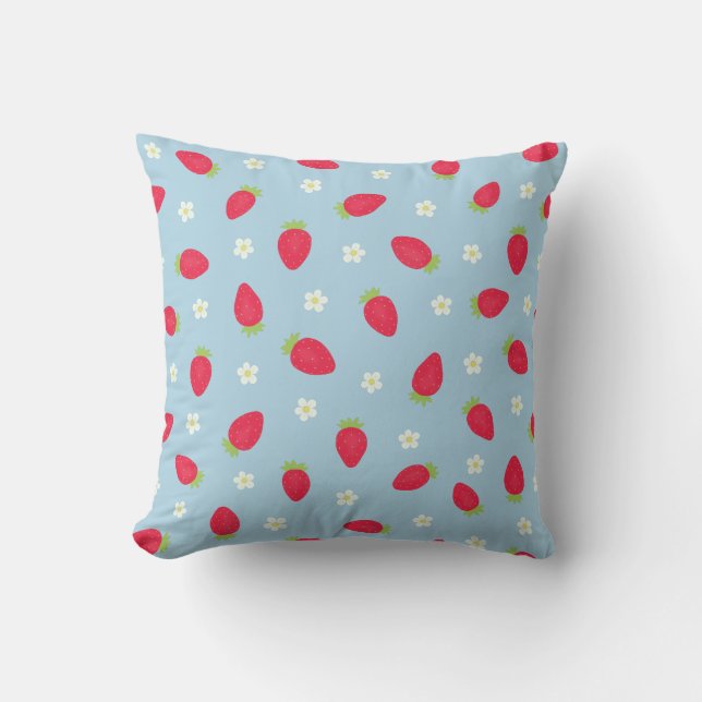 Zomer aardbeien (grote schaal) Blauw Kussen (Voorkant)