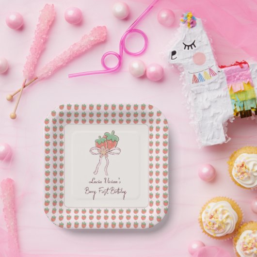 Zomer, aardbeien, lint 1e verjaardagsfeest papieren bordje (Feest)