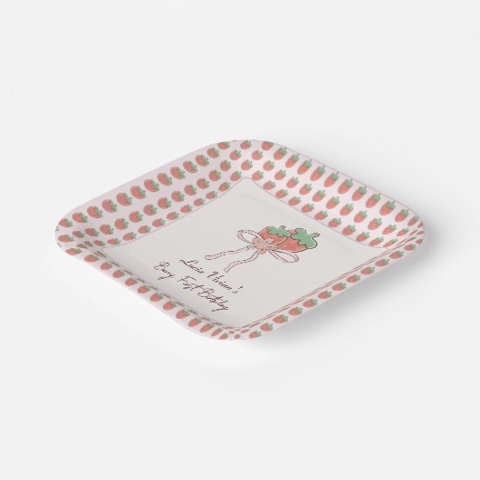 Zomer, aardbeien, lint 1e verjaardagsfeest papieren bordje (Gebogen)