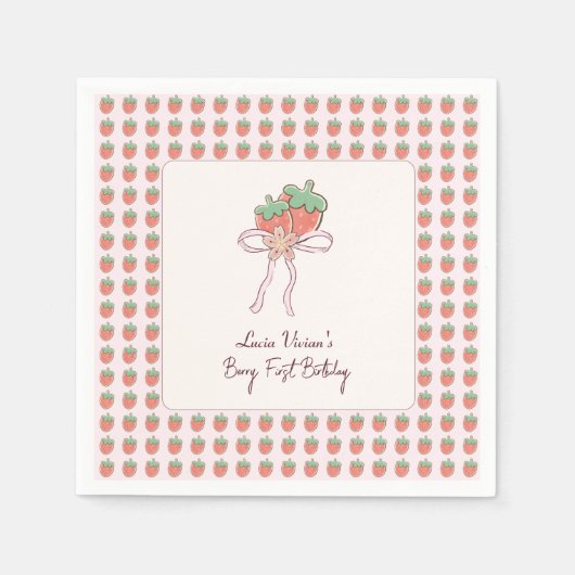 Zomer, Aardbeien, Lint Meisje 1e verjaardag Servet (Voorkant)