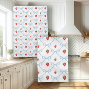 Zomer Aardbeien n Blauw Lint Bogen Waterverf Theedoek