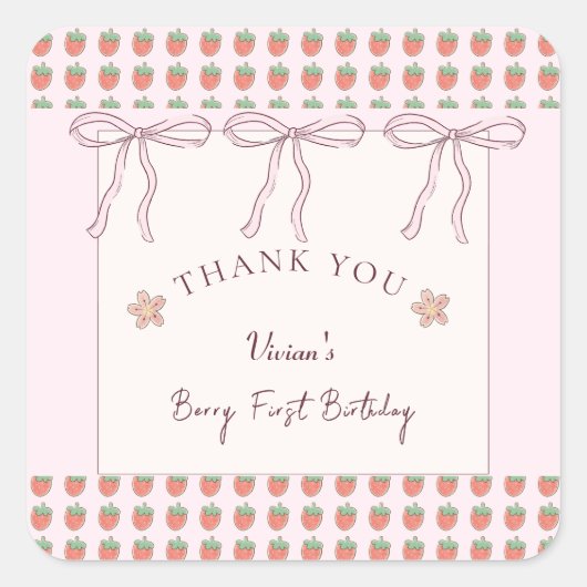 Zomer Aardbeien Roze Lint Dank u Vierkante Sticker (Voorkant)
