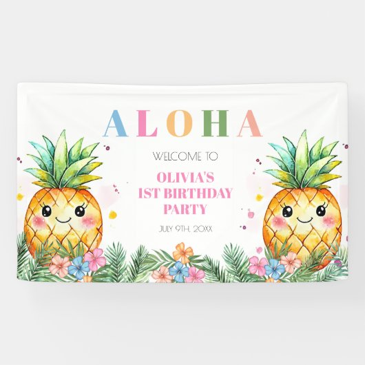 Zomer Ananas Aloha Kinder 1e Verjaardag Welkom Spandoek (Horizontaal)