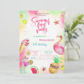 Zomer, ananas, Flamingo Birthday Party Kaart (Staand voorkant)