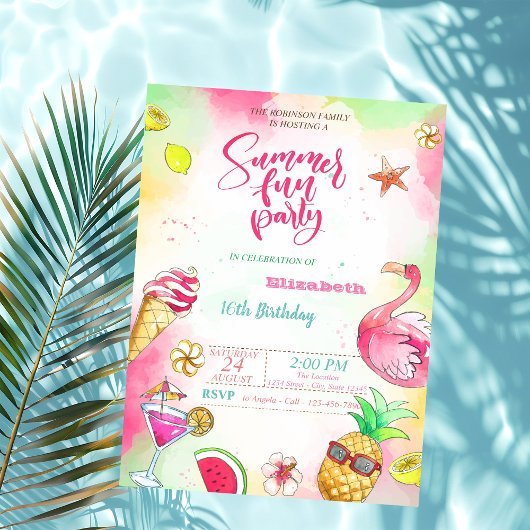 Zomer, ananas, Flamingo Birthday Party Kaart