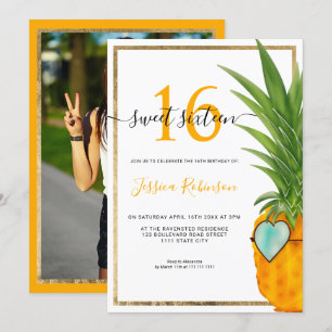 Zomer ananas koel gouden frame Sweet 16 foto Kaart