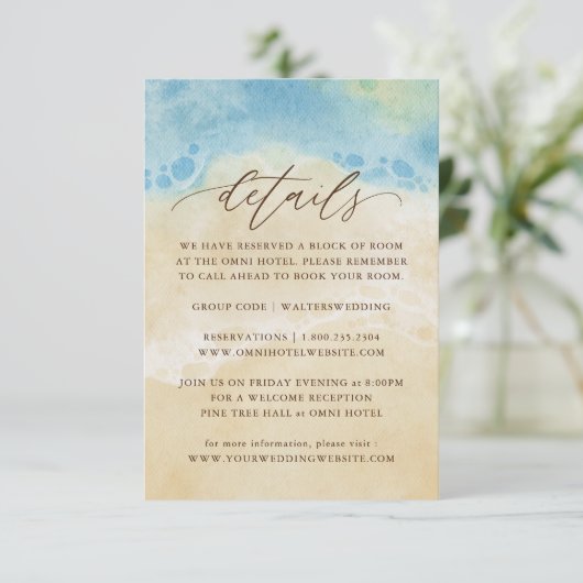 Zomer Aquarel Strand Bruiloft Details Informatiekaartje (Staand voorkant)