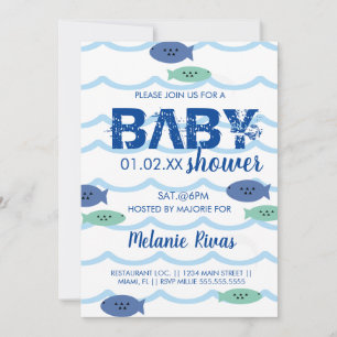 Zomer Baby Shower Blauwe Golven Vis Uitnodiging