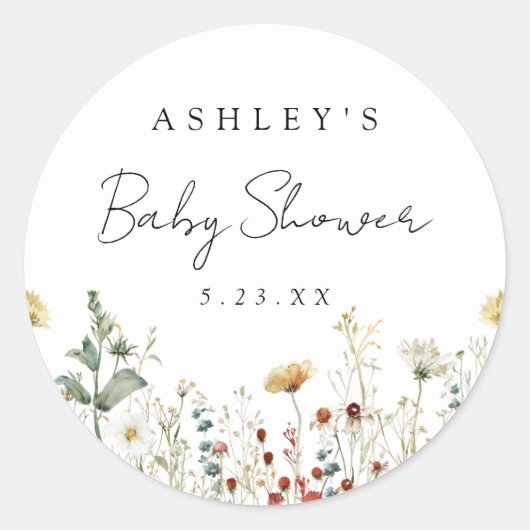 Zomer Baby Shower met Wilde Bloemen Ronde Sticker (Voorkant)