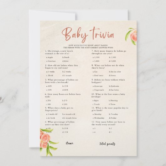 Zomer Baby Trivia Baby shower Game Kaart (Voorkant)