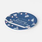 Zomer badminton bash party blauw en wit papieren bordje (Gekanteld)
