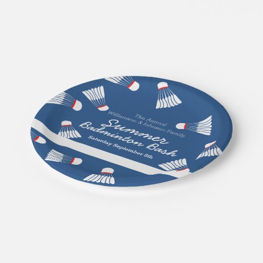 Zomer badminton bash party blauw en wit papieren bordje (Gekanteld)