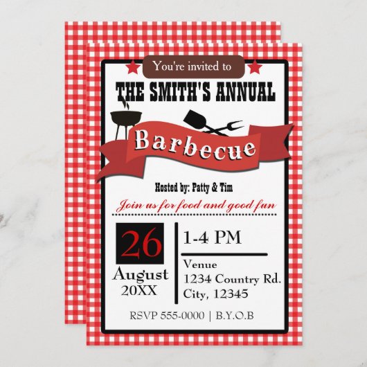 Zomer Barbecue BBQ Gingham Cookout Uitnodiging (Voorkant / Achterkant)