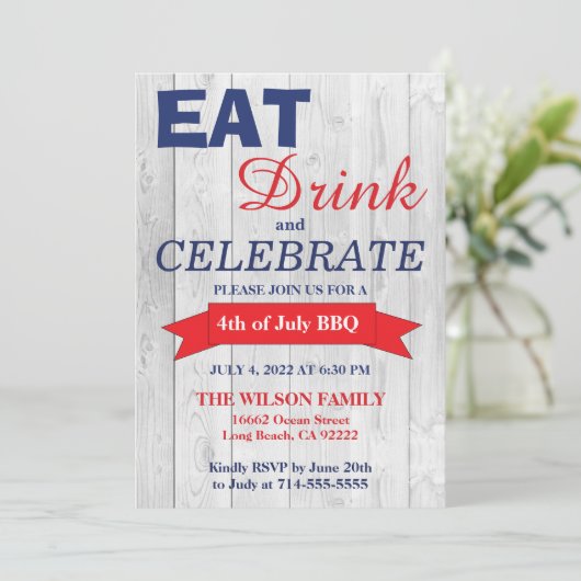 Zomer BBQ Rood Wit en Blauw Uitnodiging (Staand voorkant)