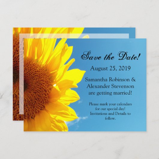 Zomer Blauw Hemel Geel Zonnebloem Save the Date Aankondigingskaart (Voorkant / Achterkant)