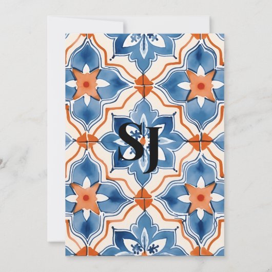 Zomer blauw rood en wit Marokkaanse Tegel bruiloft Kaart (Achterkant)