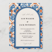 Zomer blauw rood en wit Marokkaanse Tegel bruiloft Kaart (Voorkant / Achterkant)