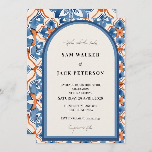 Zomer blauw rood en wit Marokkaanse Tegel bruiloft Kaart (Voorkant / Achterkant)