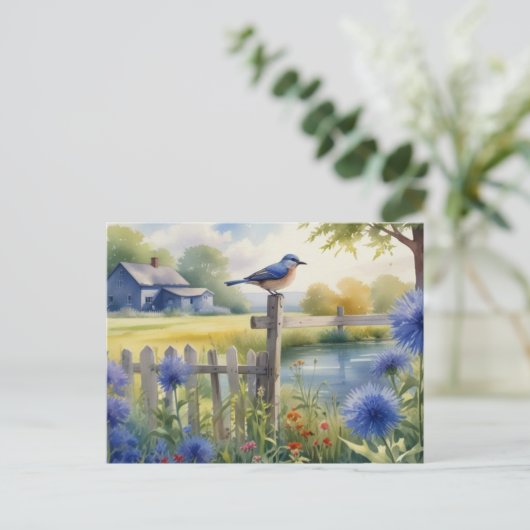Zomer Blauw Vogel Natuur Huis Briefkaart Waterverf (Staand voorkant)