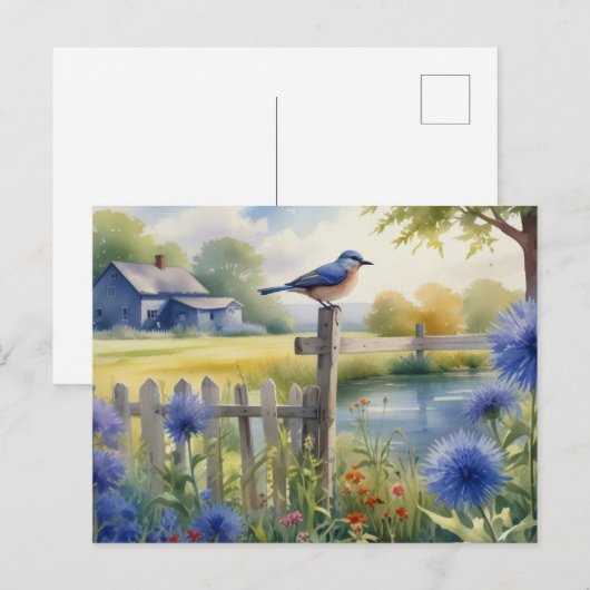 Zomer Blauw Vogel Natuur Huis Briefkaart Waterverf (Voorkant / Achterkant)