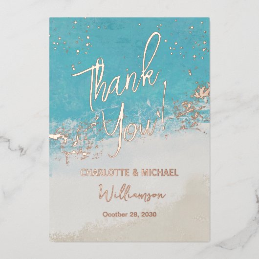 Zomer blauwe oceaan foto overlay bruiloft dank u folie uitnodiging (Voorkant)