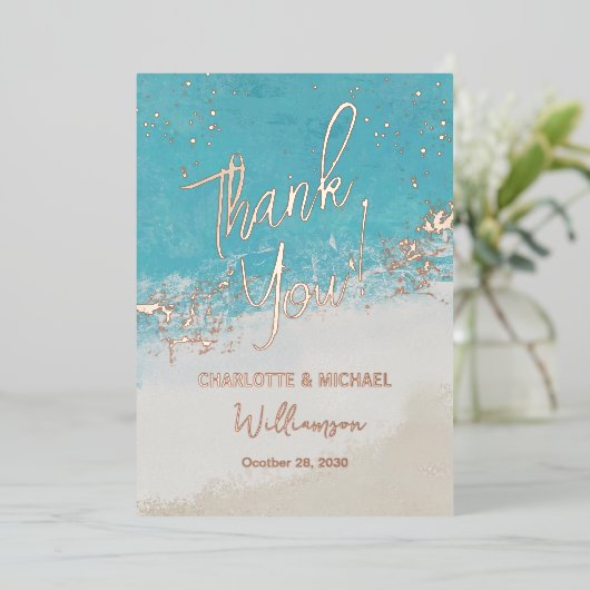 Zomer blauwe oceaan foto overlay bruiloft dank u folie uitnodiging (Staand Voorkant)