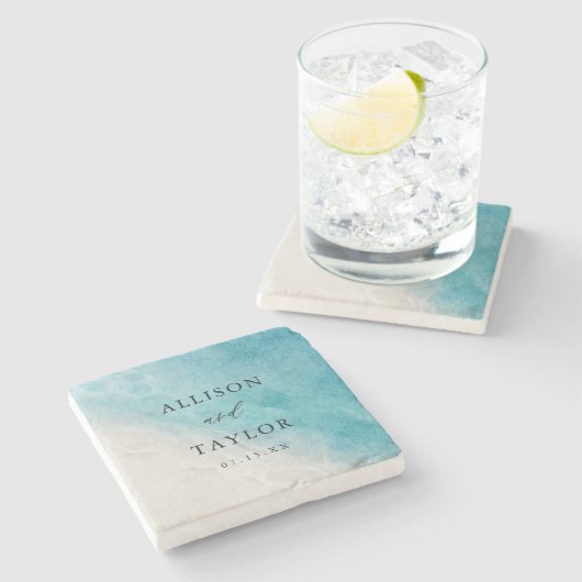 Zomer Blauwe Oceaan Strand Trouw Uitnodigingen Stenen Onderzetter (Zijkant)