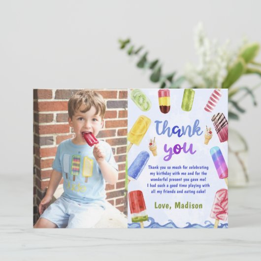 Zomer Blauwe Popsicle Verjaardagsfoto Dank u kaart (Staand voorkant)