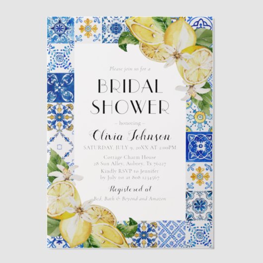 Zomer Blauwe Tegels Citroen Italiaans Vrijgezellen Vellum Uitnodigingen (Voorkant)