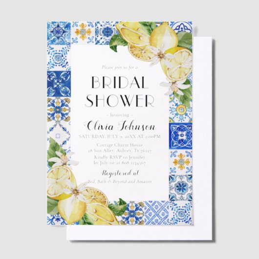 Zomer Blauwe Tegels Citroen Italiaans Vrijgezellen Vellum Uitnodigingen (Offset)