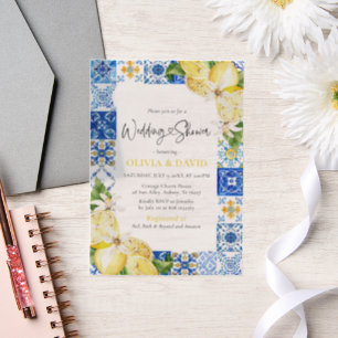 Zomer Blauwe Tegels Citroenen Italiaans Trouwdouch Vellum Uitnodigingen