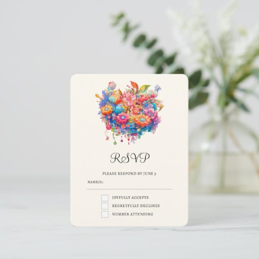 Zomer Bloem Boeket Whimsical Boho Bruiloft RSVP Kaartje (Staand voorkant)